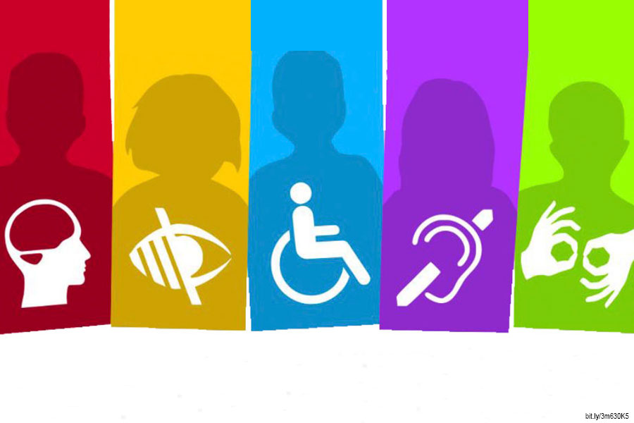 Imagen y logotipos que representa a la discapacidad intelectual, visual, física y auditiva